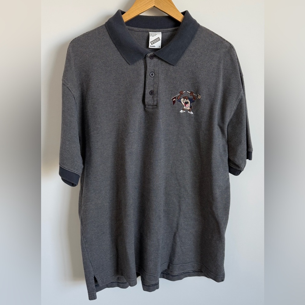Vintage 1998 Warner Bros Taz Golf Polo Shirt Mens Large Gray Looney Tunes